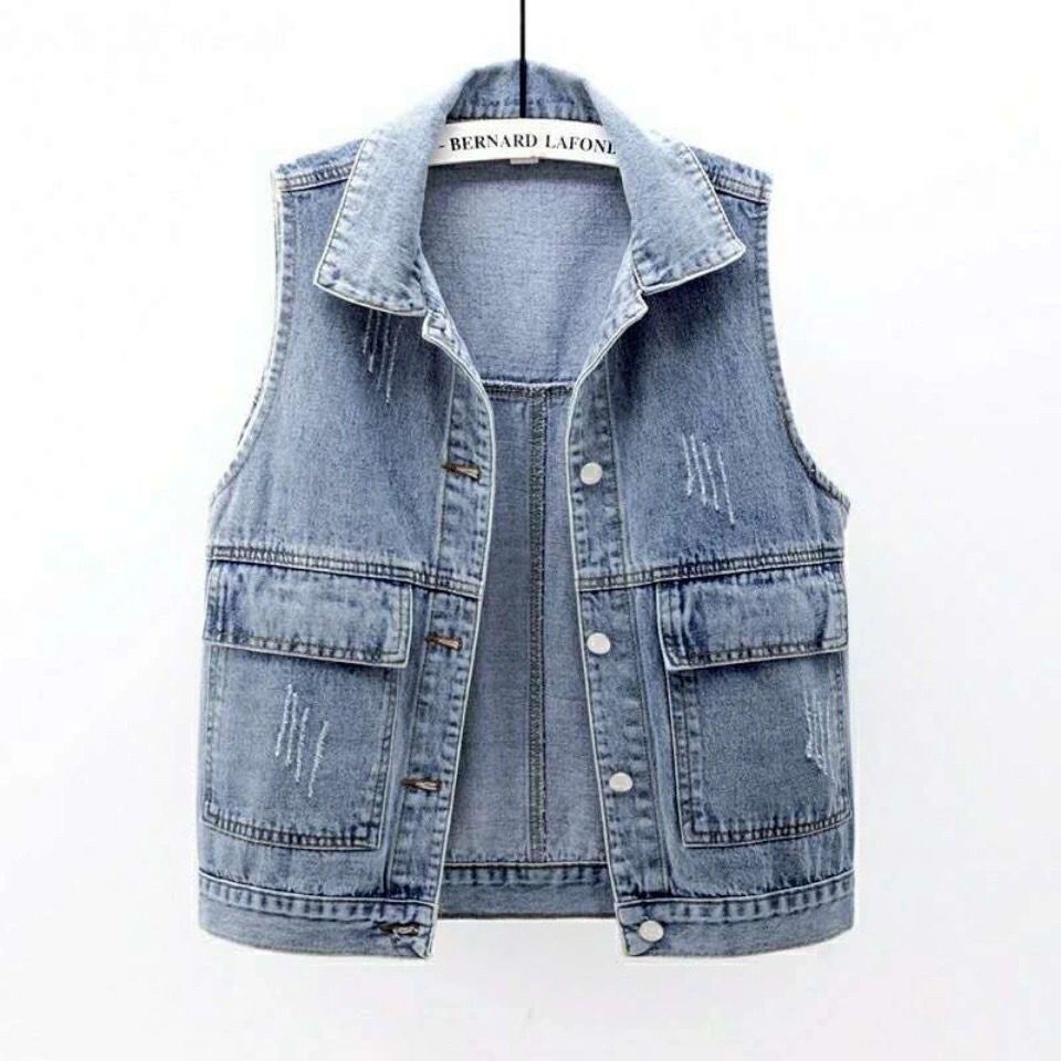 Denim vest Women's short style 2022 Spring and Summer New simple large pocket sleeveless vest all-purpose cardigan