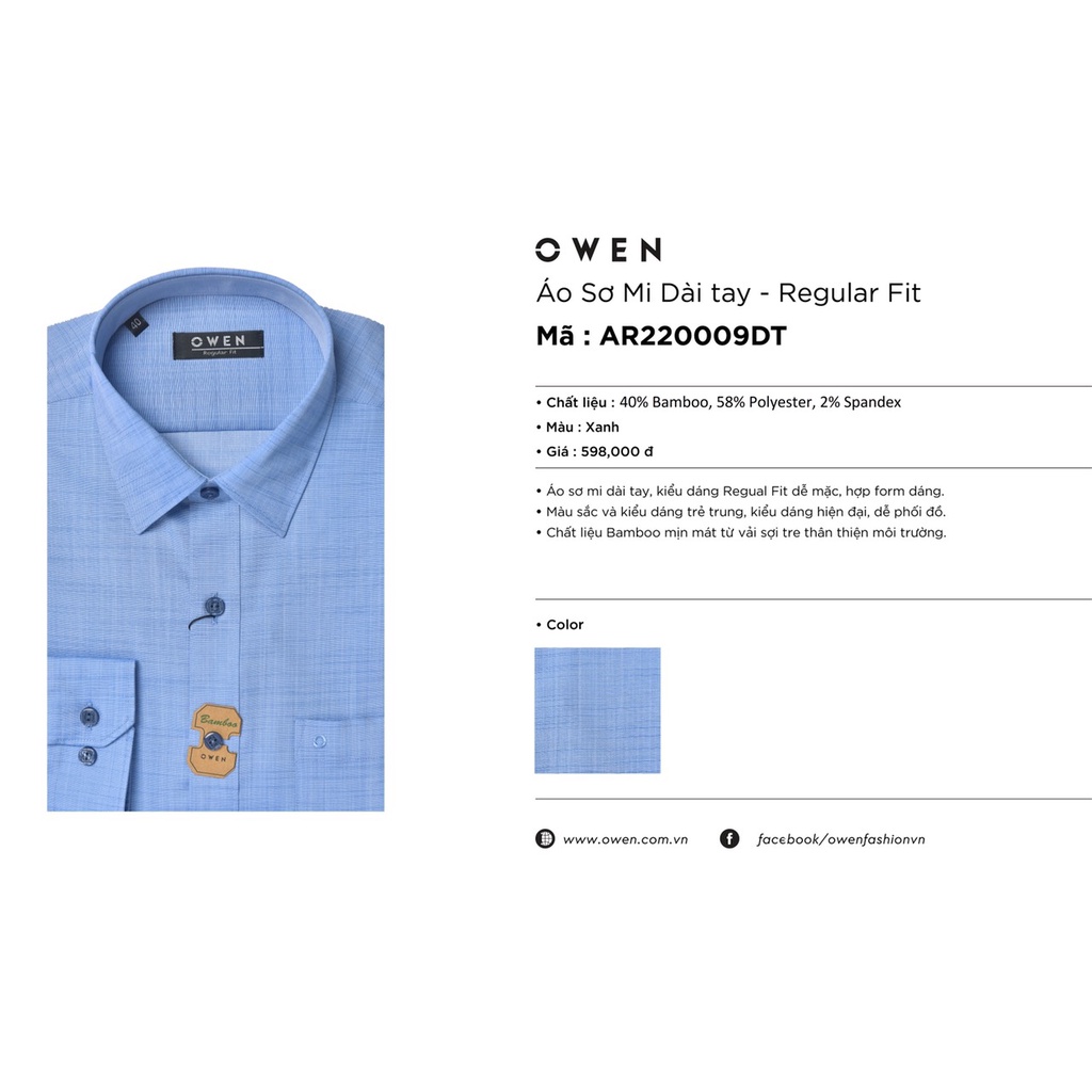 Áo Sơ Mi Nam Dài Tay OWEN AR220009DT Somi Công Sở Cao Cấp Màu xanh slub ngang Dáng Suông Có Túi Chất Vải Sợi Tre Mềm Mát