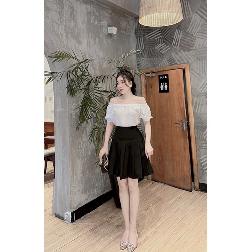 Set áo trễ vai chân váy xếp ly thiết kế dễ thương chất liệu tơ đũi không nhăn a19