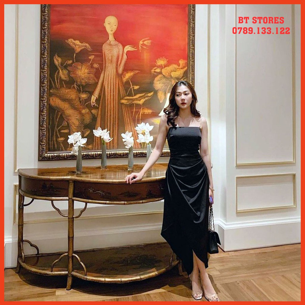 Đầm dự tiệc sang trọng thiết kế xẻ tà, nhún eo, chất vải Satin lụa Pansy (BT038)