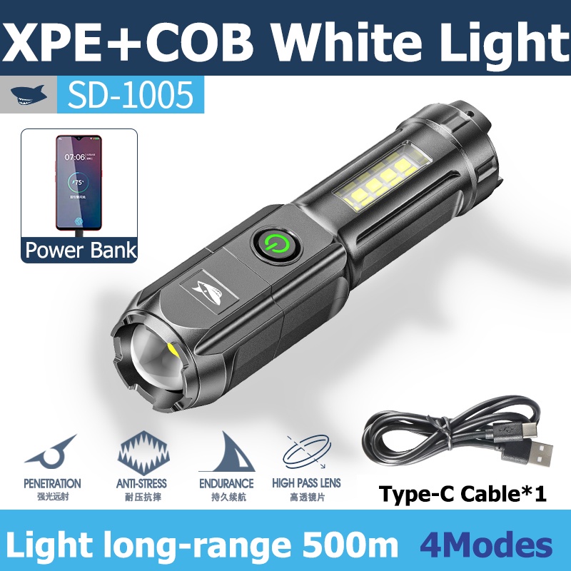 Đèn pin SMILING SHARK SD1005 Type-C có thể sạc lại thu phóng ánh sáng không thấm nước sử dụng cắm trại di động COB
