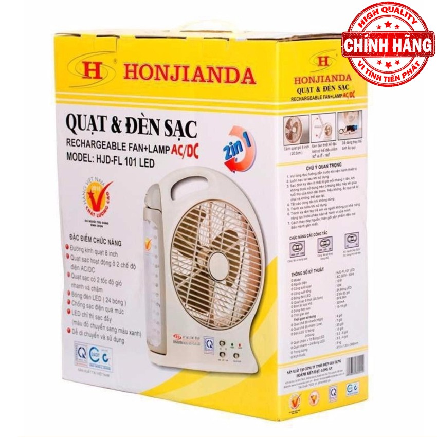 [Mã ELMS4 giảm 7% đơn 500K] Quạt Sạc và Đèn Sạc Dự Phòng Honjianda HJD-FL103 nguồn AC/DC - Loại 1 bình sạc