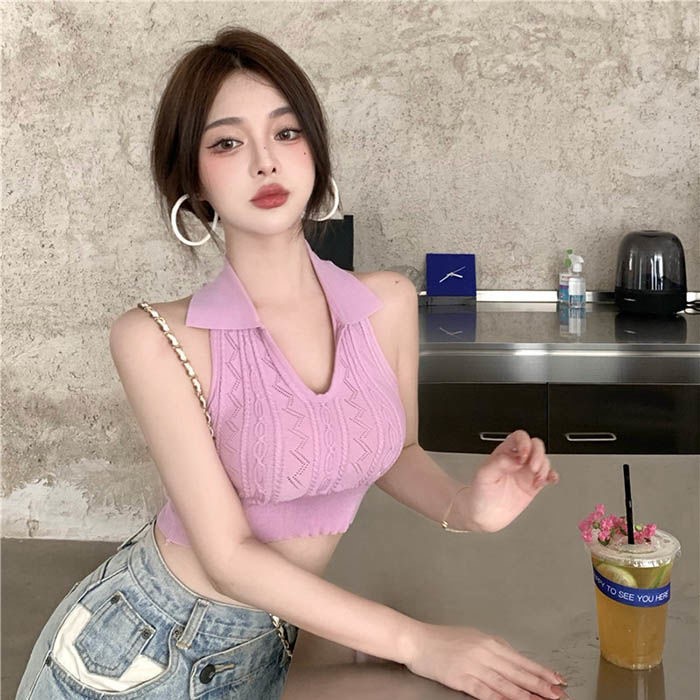 QKOOLE  Áo Dệt Kim Không Tay Cổ POLO Phong Cách Thời Trang Hàn Quốc Dành Cho Nữ