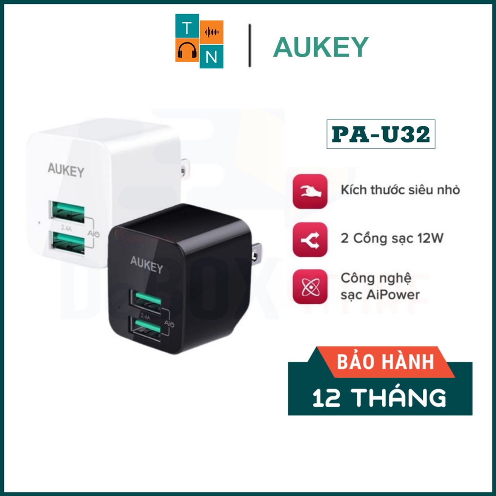 【Giao nhanh】Cốc Sạc Aukey PA-U32 2 cổng 2.4A 12W Công Nghệ AiPower - Chính Hãng BH 18 Tháng