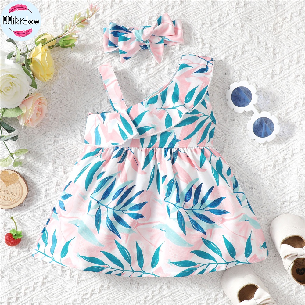 Đầm MIKRDOO chữ A in họa tiết lá kèm băng đô xinh xắn cho bé gái 0 - 24 tháng tuổi