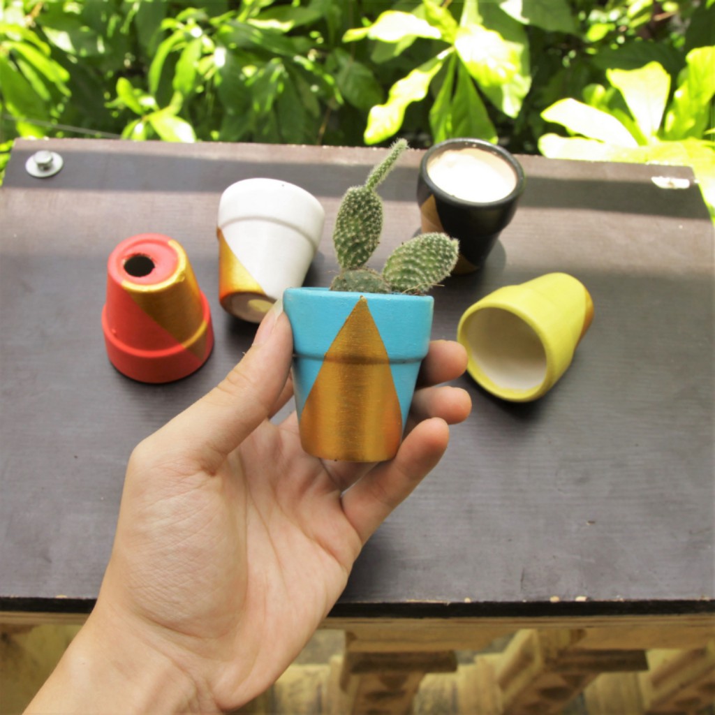 COMBO 5 Chậu  🔷 Tam Giác Vàng 🔷 chậu đất nung vẽ tay kích thước 5cm x 5cm . An Toàn Cho Người Dùng