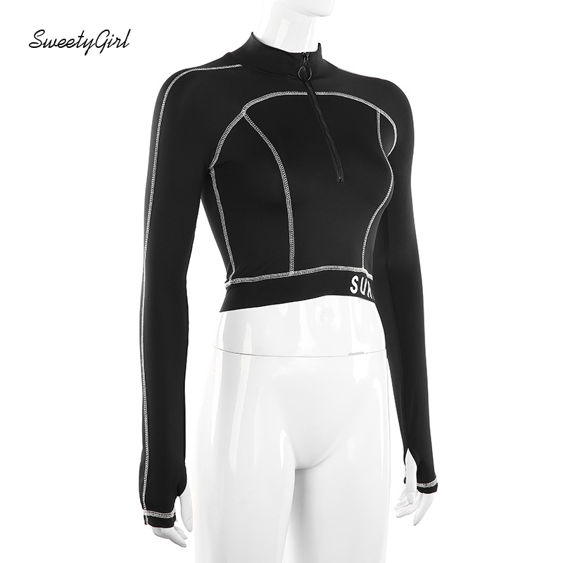 SweetyGirl Women Crop Top Contrast Color Lined Stand Collar Zippered Long Sleeves Slim Fit Casual Sportswear