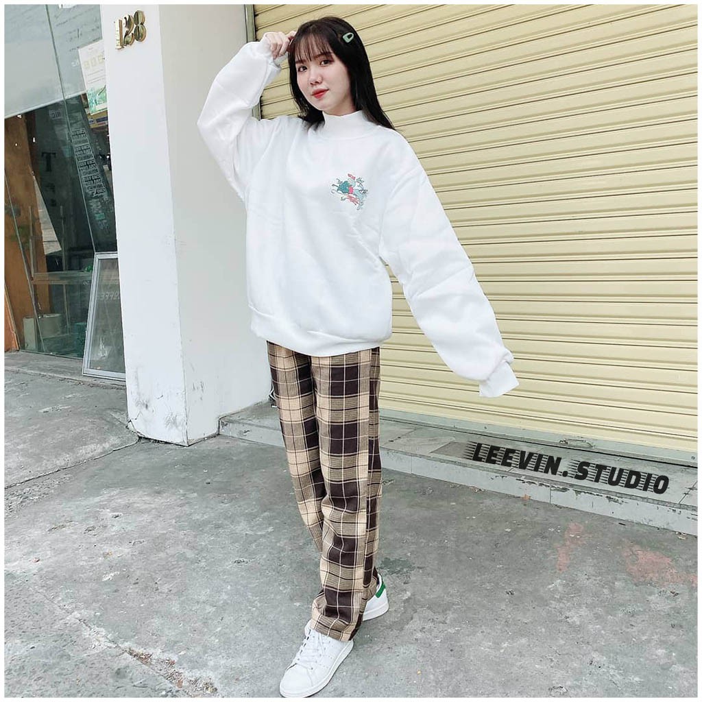 Quần Ống Rộng Nữ Caro PLAID Unisex Simple - Kiểu quần caro ống rộng suông vải Plaid Leevin Store