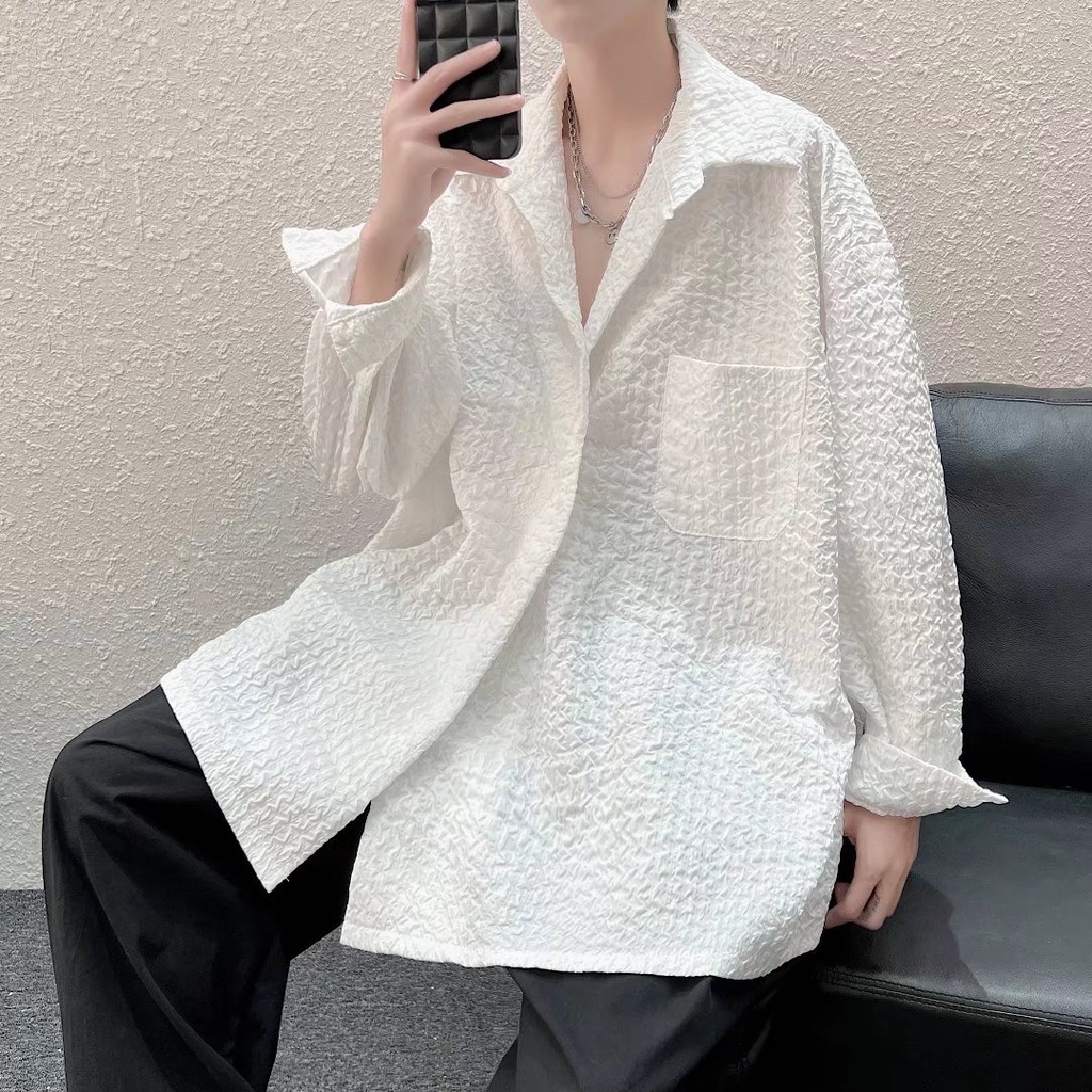 [M-2XL] Áo Sơ Mi Nam Dài Tay Xếp Ly Màu Trắng Phong Cách Hàn Quốc Mới