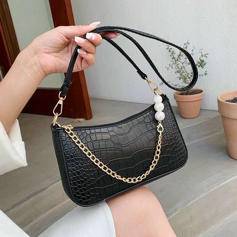 Túi Xách Nữ Kẹp Nách Họa Tiết Rắn Quai 3 ngọc