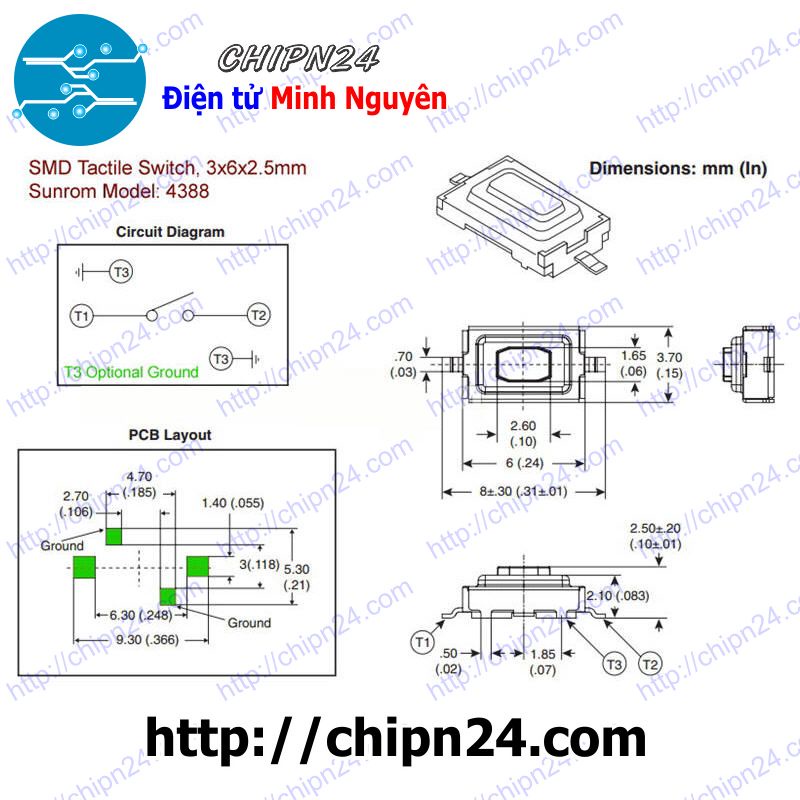 [10 CÁI] Nút nhấn 2 chân 3x6x2.5mm SMD Dán Trắng