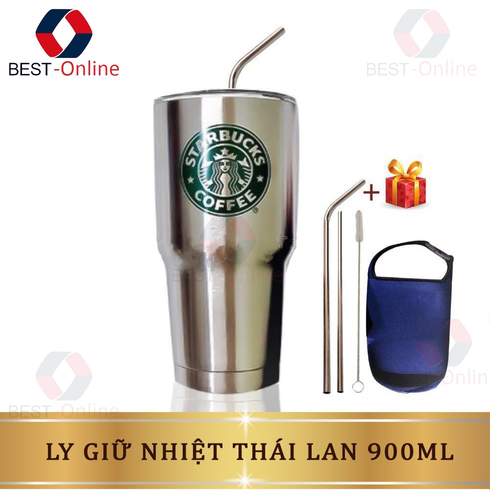 Cốc Giữ Nhiệt STARBUCKS Thái Lan 900ml Chống Trào Tiện Lợi + Tặng Kèm Full Bộ Phụ Kiện Ống Hút Và Túi Đựng (MS-6A9)