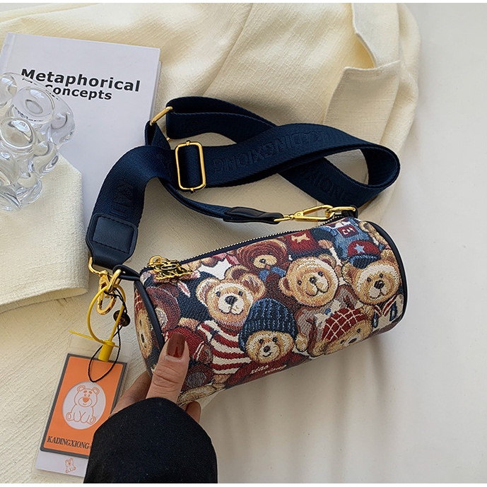 Túi đeo chéo hình tròn G01 in hình gấu dễ thương, phong cách Hàn Quốc