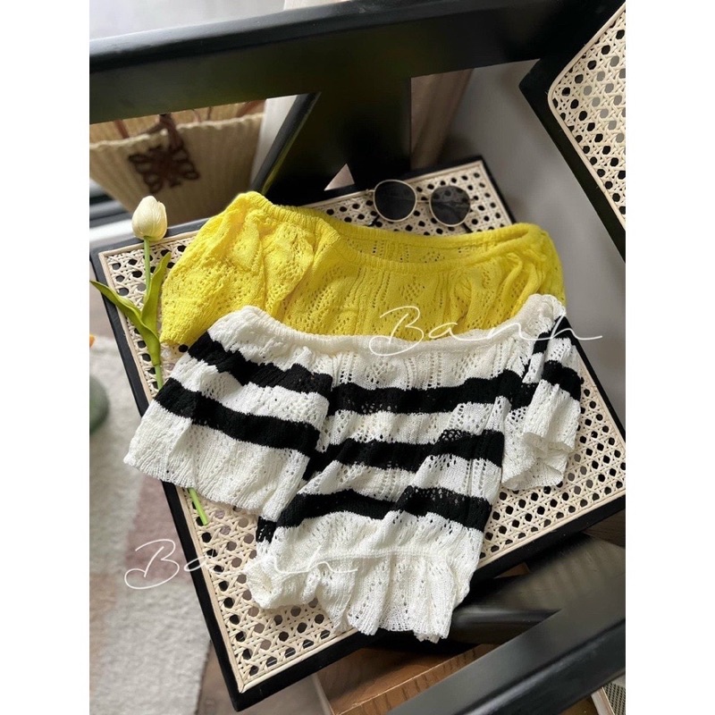 Áo len mongtoghi trễ vai dáng croptop hàng qc