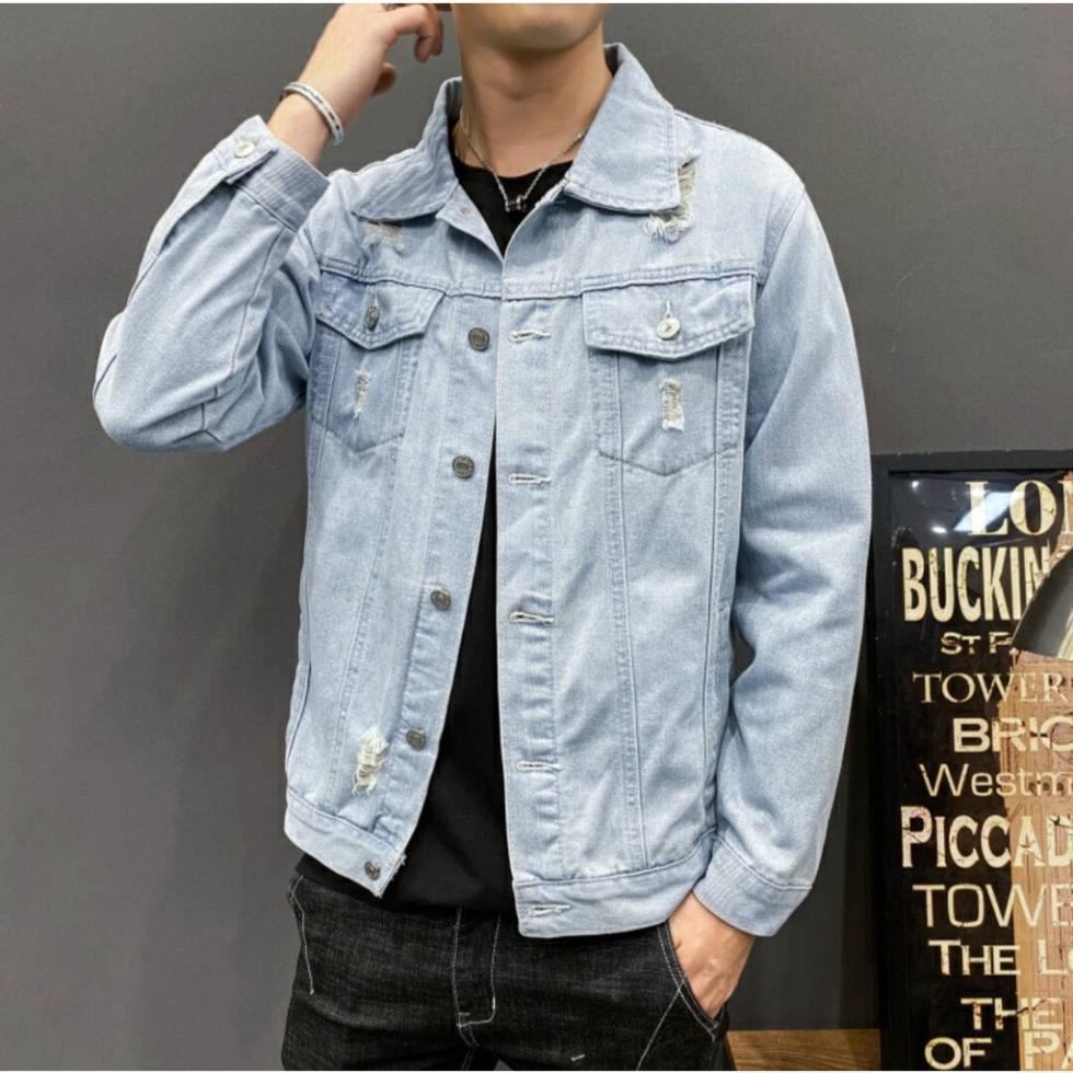 Áo Khoác Jean Nam Rách phong cách Hàn Quốc Áo Khoác Rin Jeans Jean Rách Vai Nam Nữ Màu Xanh NHẠT VÀ ĐẬM Chất Unisex