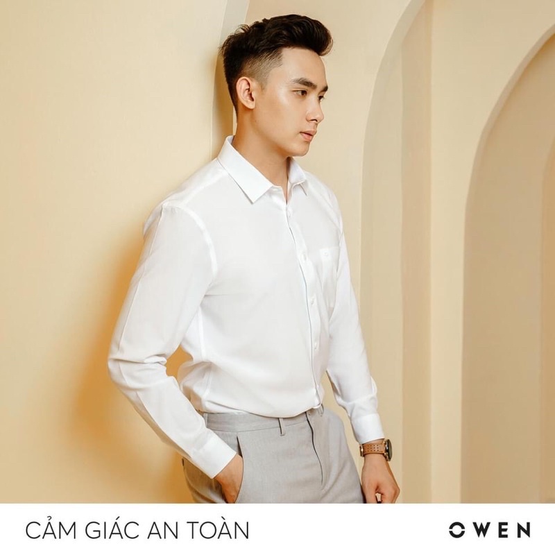 Áo sơ mi nam dài tay OWEN màu trắng trơn somi công sở vải café cấp mềm mát chống nhăn khử mùi dáng suông tà lượn có túi