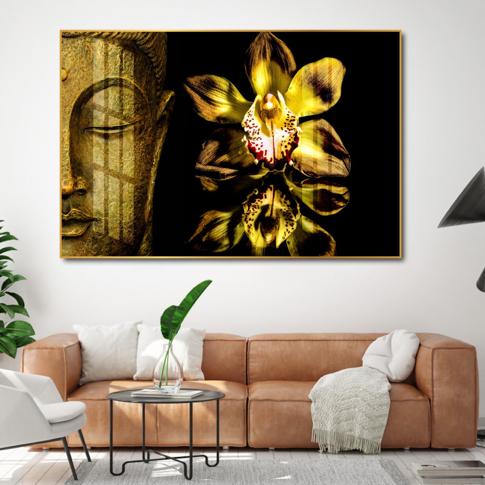 Bộ 1 tấm tranh treo tường tráng gương Lala phật giáo và hoa lan trang trí phòng ngủ cao cấp khổ 40x60cm kèm đinh 3 chân
