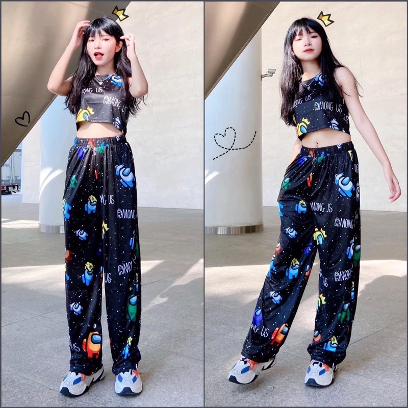 Set Bộ Áo CropTop Quần Hoạt Hình Hoạ Tiết Xinh Xắn Ảnh Thật