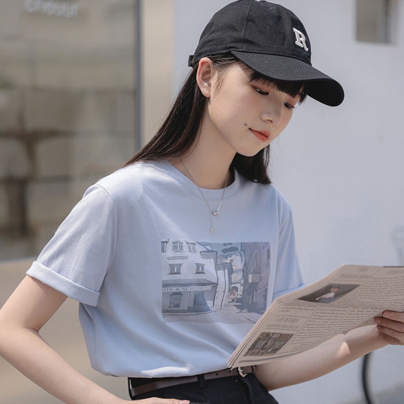 Áo Thun Ngắn Tay Cổ Tròn Dáng Rộng In Họa Tiết Đơn Giản Theo Phong Cách Hàn Quốc