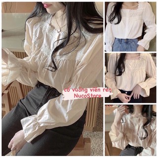 [Ảnh thật] Áo sơ mi cổ vuông viền ren tay bo, hàng Quảng châu.Áo sơ mi bánh bèo (có sẵn)