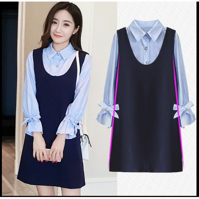 Ay2 ( ÁO YẾM BẦU BIG SIZE) Áo sơ mi kết hợp với yếm xuông thời trang công sở cho bà bầu
