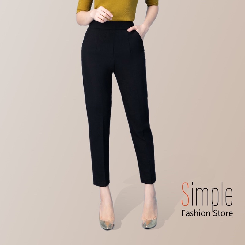 Quần baggy nữ cạp chun sau công sở cạp cao lưng cao Simple cao cấp, quần baggy nữ lưng cao đen đi học đi làm