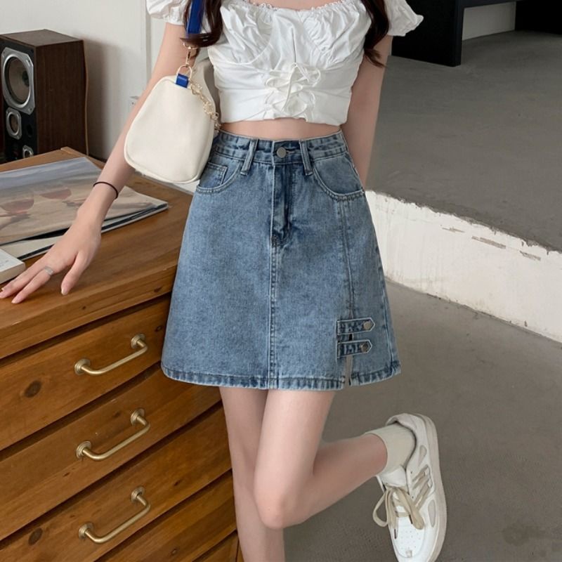 Jiashucheng Chân Váy Denim Ngắn Lưng Cao Dáng Ôm Xẻ Tà Thời Trang Mùa Hè Mới Cho Nữ