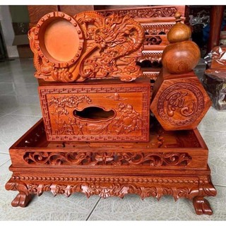 Combo 4 món giá rẻ khay trà rồng,gạt tàn,hộp giấy,hộp đựng chè,ống tăm,hộp đựng nhỏ gỗ hương cao cấp- Hàng loại 1 [RẺ NH