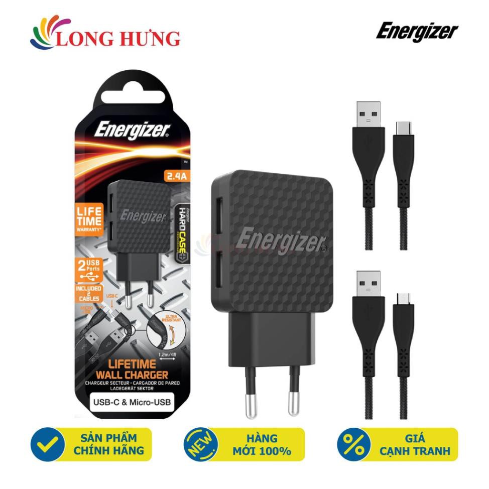 Combo cốc sạc Energizer 2.4A 2USB + Cáp Micro USB + Cáp USB Type-C 2.0 1.2m AC2BEULCMM - Hàng chính hãng