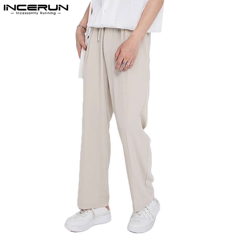 Quần dài INCERUN thắt lưng co giãn dây rút màu trơn thời trang đơn giản cho nam
