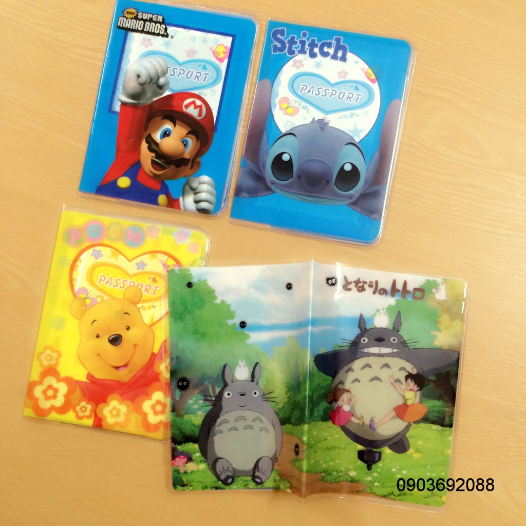 Bao bọc hộ chiếu/ passport Plastis dẻo mẫu nhân vật hoạt hình disney - gấu Pooh/ Stitch/ Toroto/ Mario