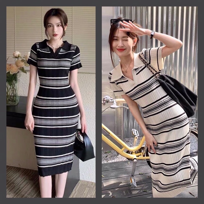 Váy len kẻ polo dáng dài maxi QC-Váy len mongtoghi kẻ sọc ngang