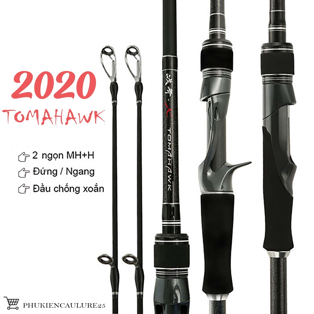 Cần câu lure 2 khúc Tomahawk chất liệu carbon cao cấp Phukiencaulure25 cần câu 2 ngọn M+MH, đầu bu chống xoắn cao cấp