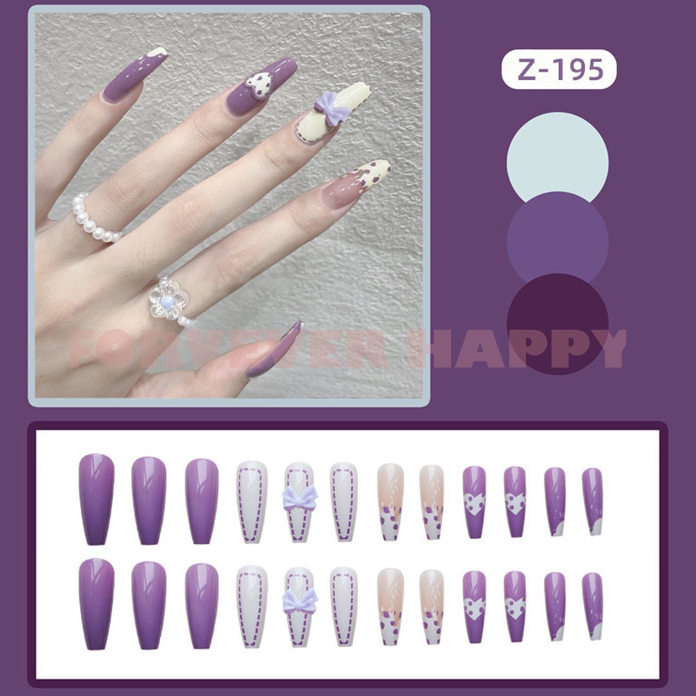 Bộ 24 Móng Tay Giả Dạng Nhấn Dài Màu Tím Kèm Keo Dán