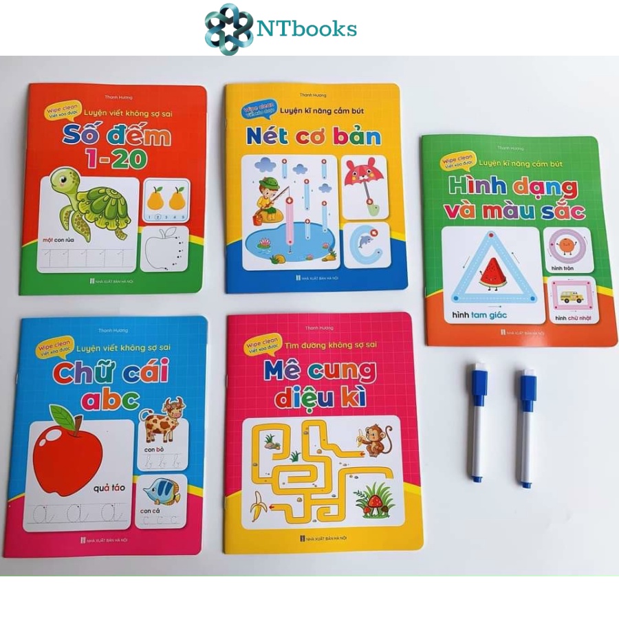 Sách - Bộ vở viết xóa được 5 quyển - Tặng kèm 2 bút viết xóa màu ngẫu nhiên - Wipe clean