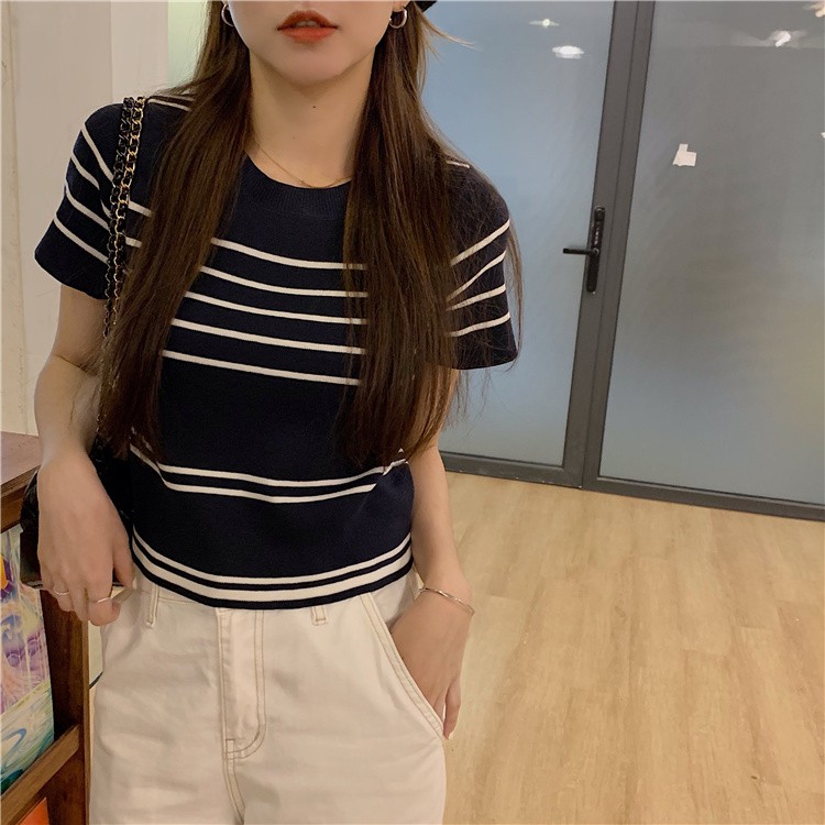 Xiaozhainv Áo Thun Dệt Kim Cổ Tròn Tay Ngắn Kẻ Sọc Kiểu Hàn Quốc 2 Màu Lựa Chọn Thời Trang Cho Nữ