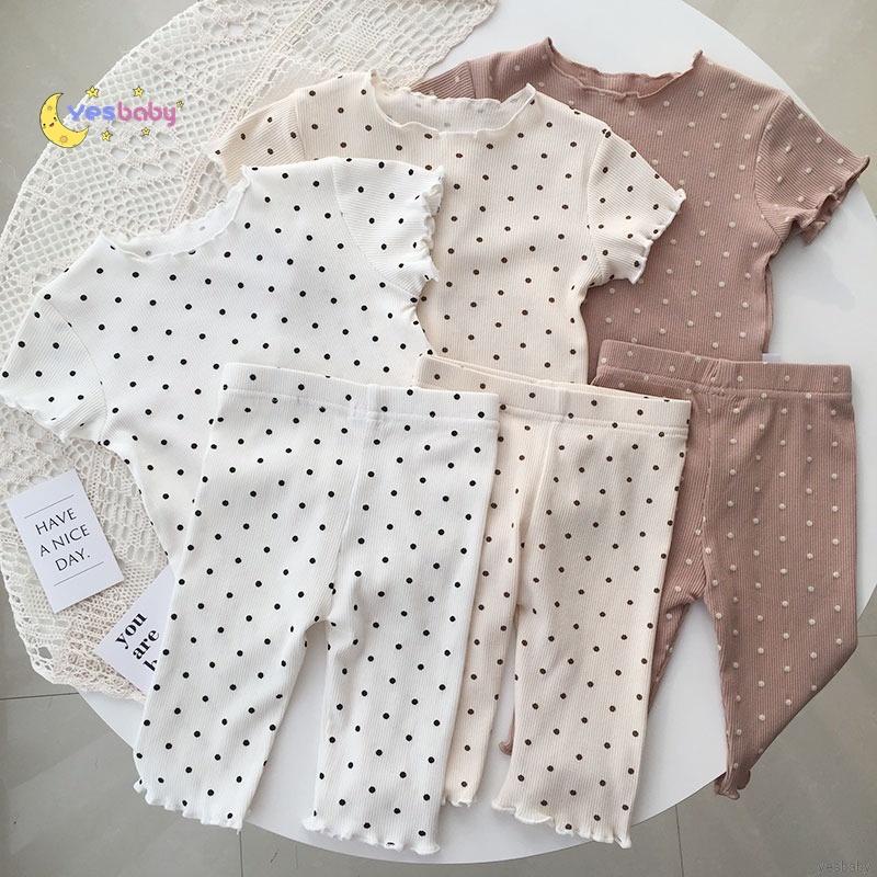 Bộ đồ ngủ áo sơ mi tay ngắn + quần dài họa tiết chấm bi phong cách Hàn Quốc thời trang mùa hè cho bé gái