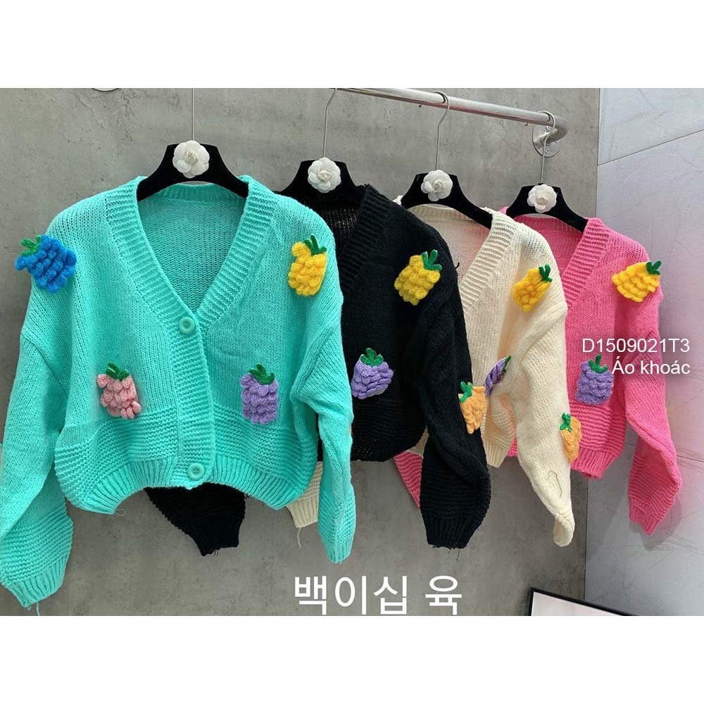 Áo khoác len cardigan phối hình dứa nổi gài nút cổ tim tay dài hàng QC!