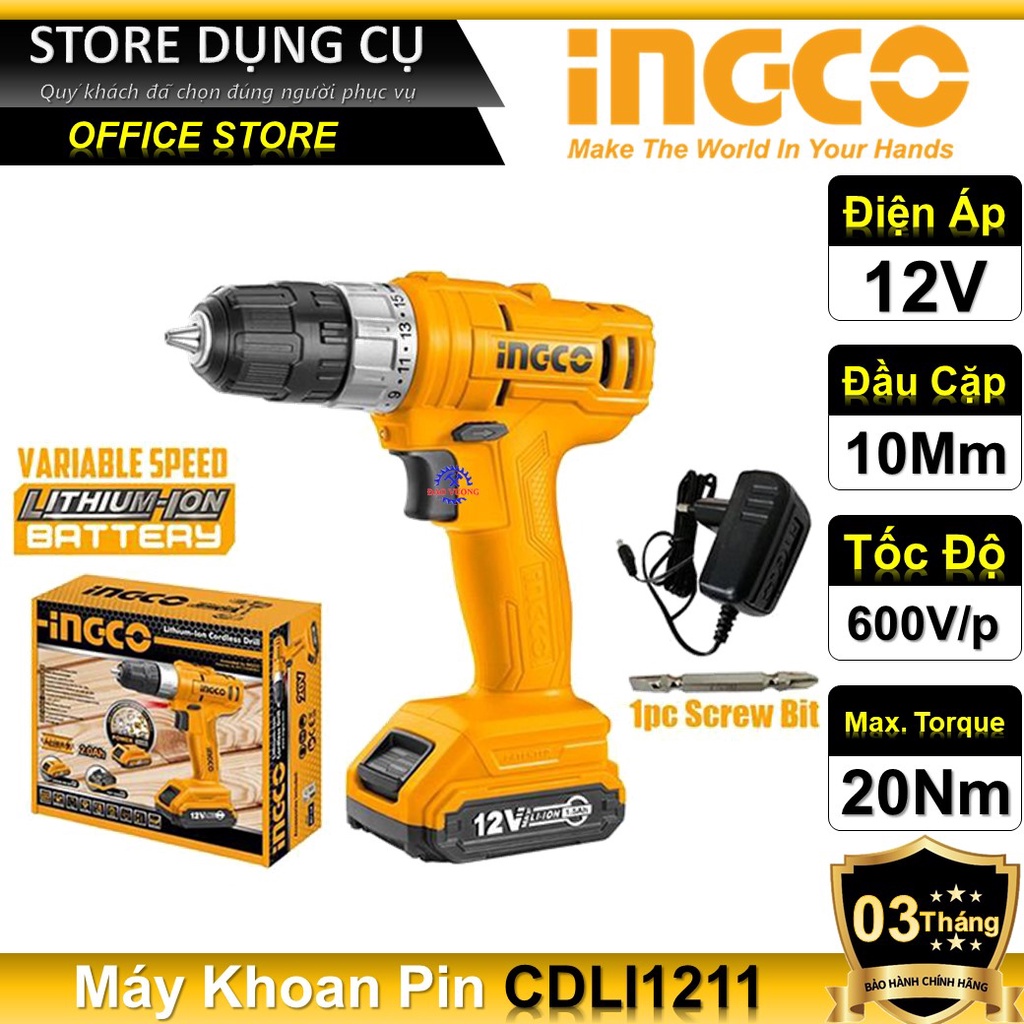 12V Máy khoan pin dùng pin Lithum 10mm INGCO CDLI1211 | Bộ 1 máy Kèm theo 1 pin và 1 sạc