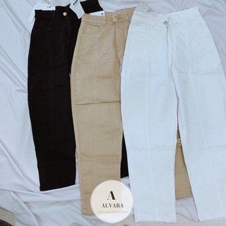 Quần kaki nữ gân giữa cạp cao có túi Alvara