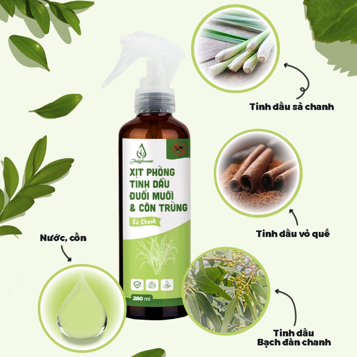 Combo 2 bình xịt phòng tinh dầu Sả Chanh 280ml/chai JULYHOUSE khử mùi đuổi muỗi và côn trùng hương dễ chịu