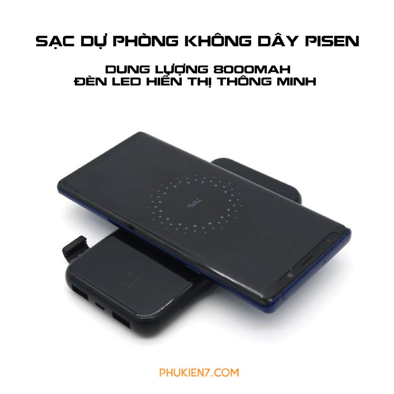 Sạc Dự Phòng Không Dây Pisen 8000mAh Đèn LED thông minh, 2 cổng USB đầu ra