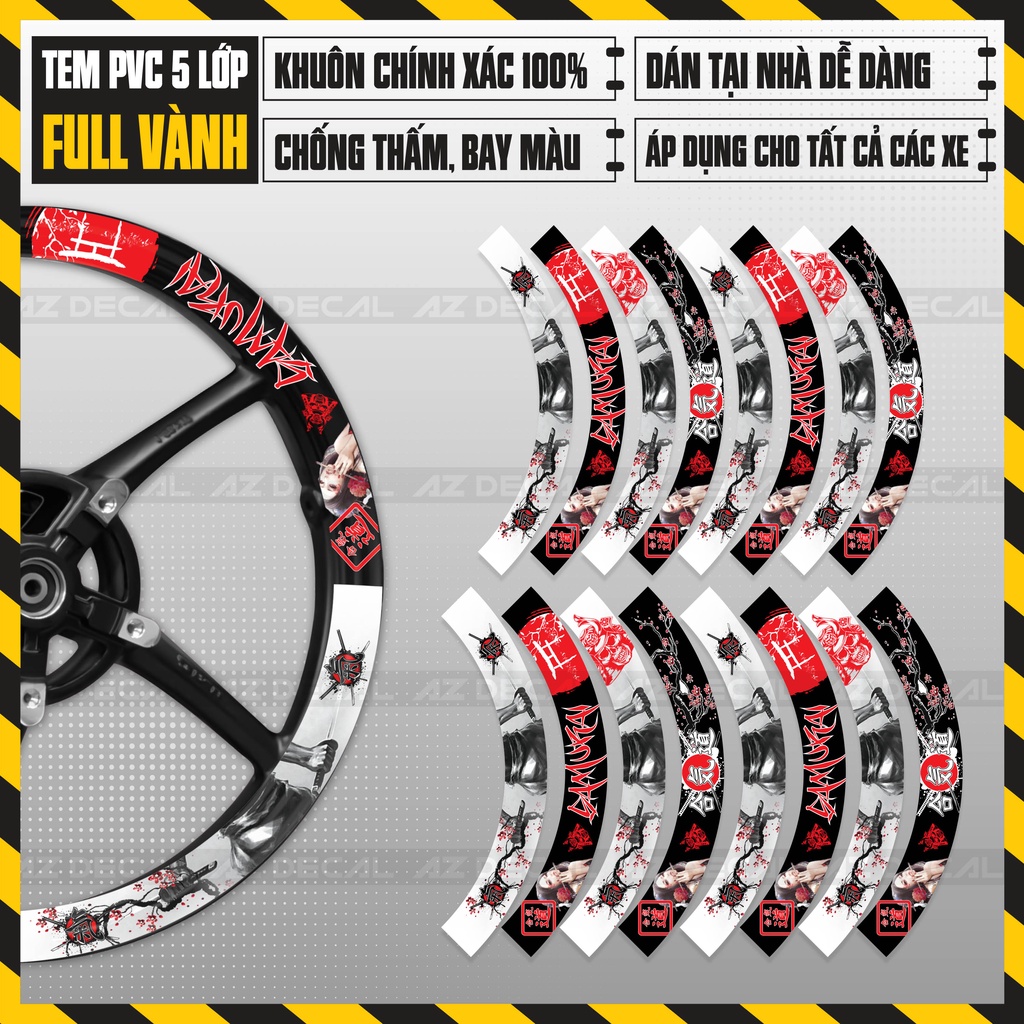 Tem Dán Vành Bản To Mẫu Samurai | FullV09 | Decal Dán Mâm Xe Máy Bám Dính Tốt, Chống Nước, Bền Màu