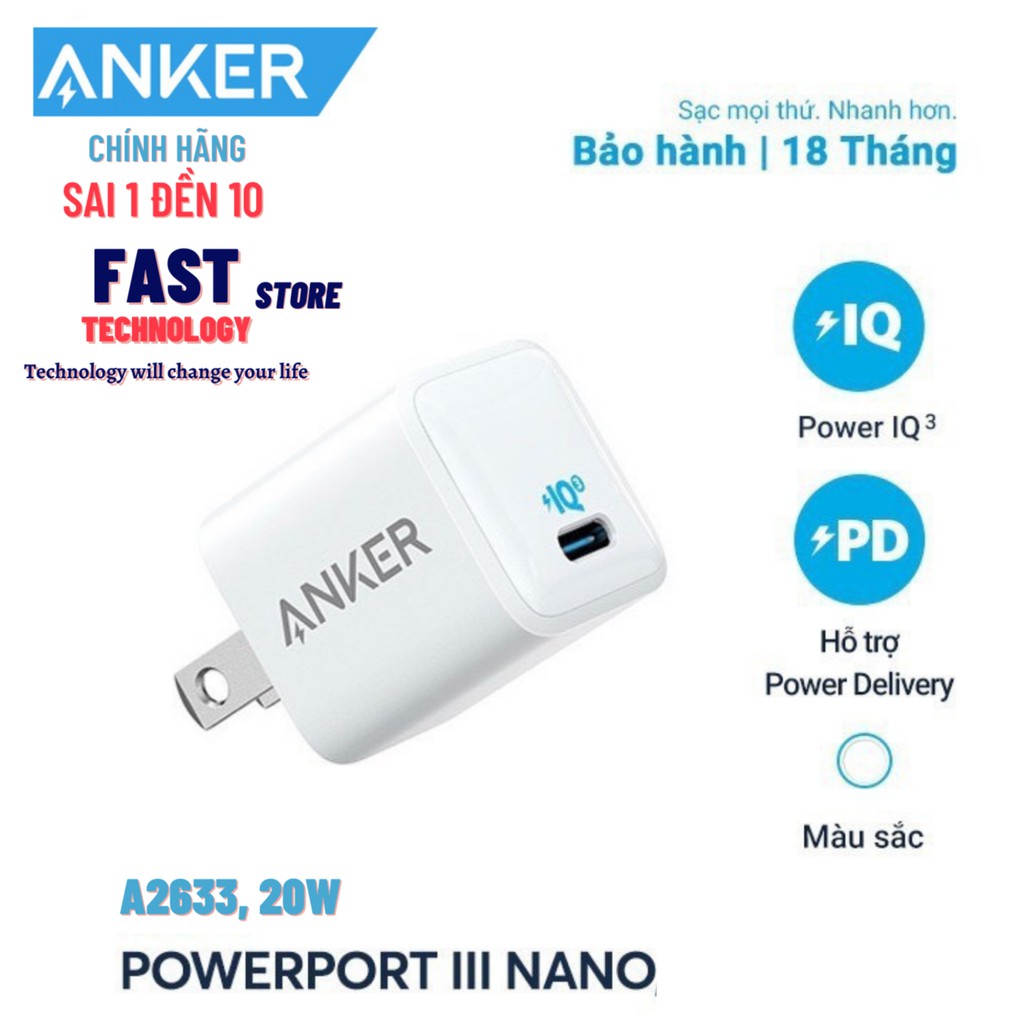 Sạc nhanh Anker Powerport III 20W Anker A2633 cho iphone 12 ipad note 10 note 20 S10 S20