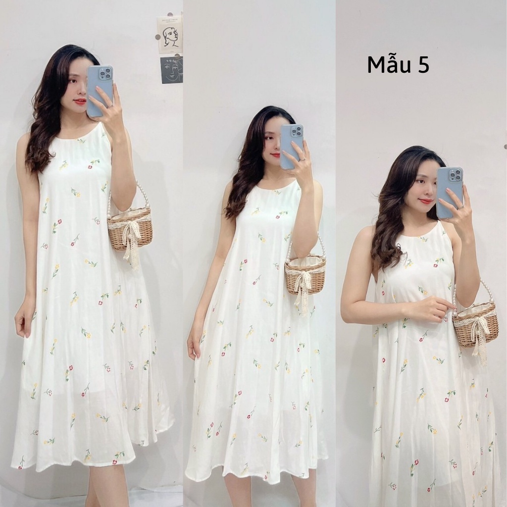 Đầm suông, Váy yếm dài, Đầm maxi hoa nhí Cao Cấp dáng suông vàng trắng, form rộng dài qua gối - MiNhi