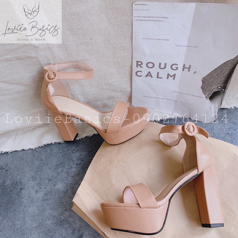 LOVIIEBASICS - GIÀY SANDAL NỮ CAO GÓT THỜI TRANG ĐẾ VUÔNG QUAI NGANG ĐẾ ĐÚP 11CM MÀU ĐEN KEM - G201071