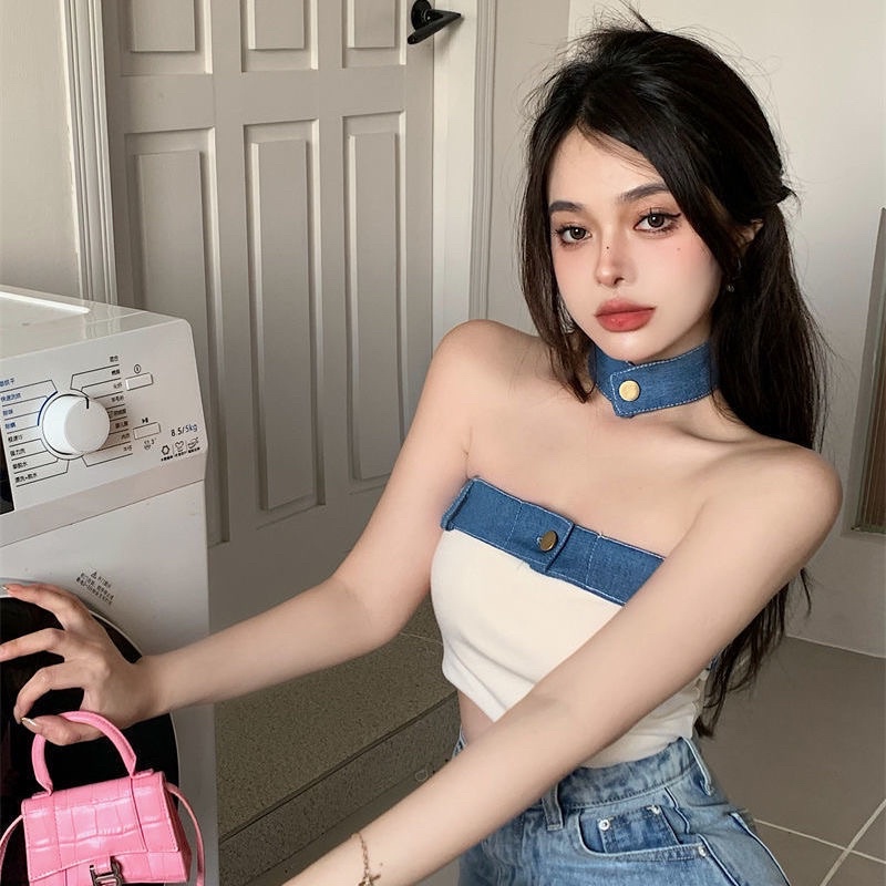 Áo cúp ngực croptop viền jean kèm choker hàng taobao