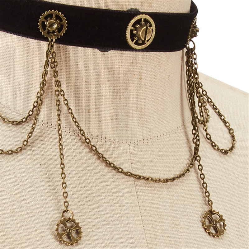 Vòng Cổ Choker Nhung Đen Phong Cách Steampunk Cổ Điển Kèm Dây Xích Kim Loại Có Thể Điều Chỉnh