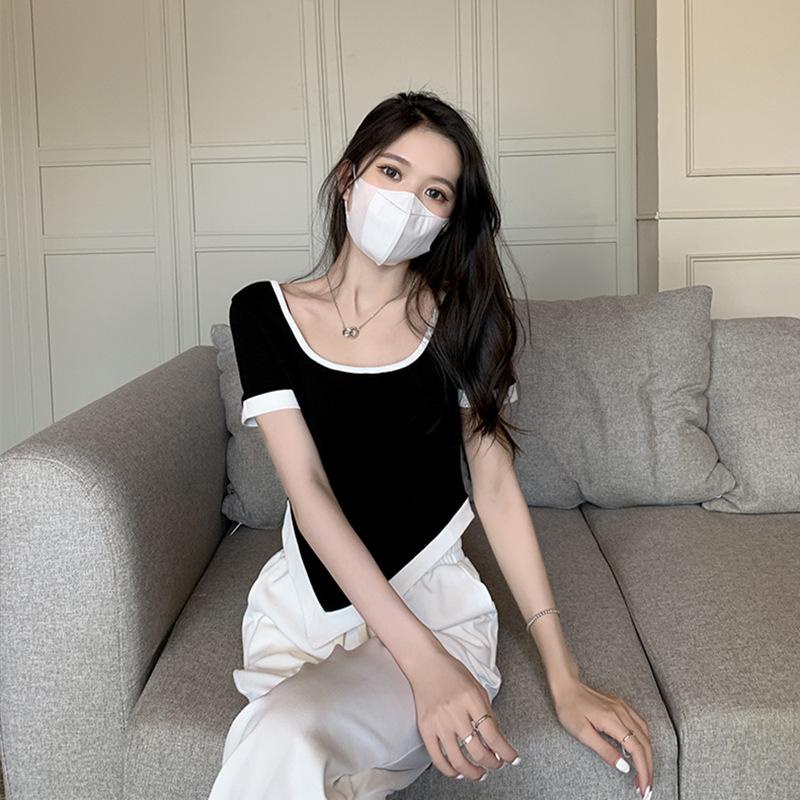 Áo Thun Tay Ngắn Trễ Vai Màu Sắc Tương Phản Thời Trang Mùa Hè Dành Cho Nữ