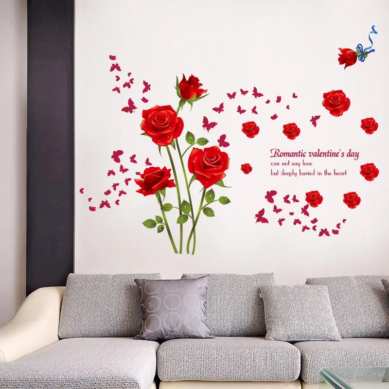 Decal trang trí tường Hoa Hồng Đỏ bông nhiều